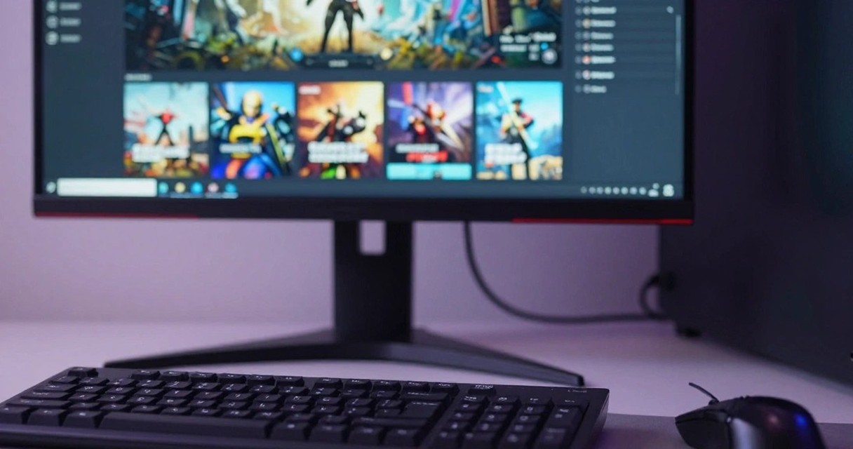 Игровой компьютер с открытой библиотекой игр на мониторе