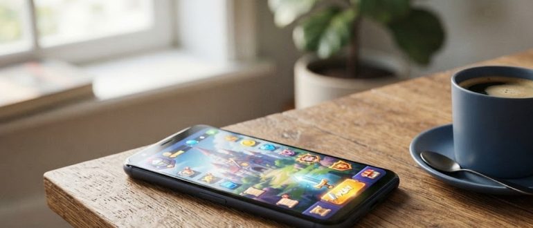 Смартфон с мобильной игрой на деревянном столе рядом с чашкой кофе